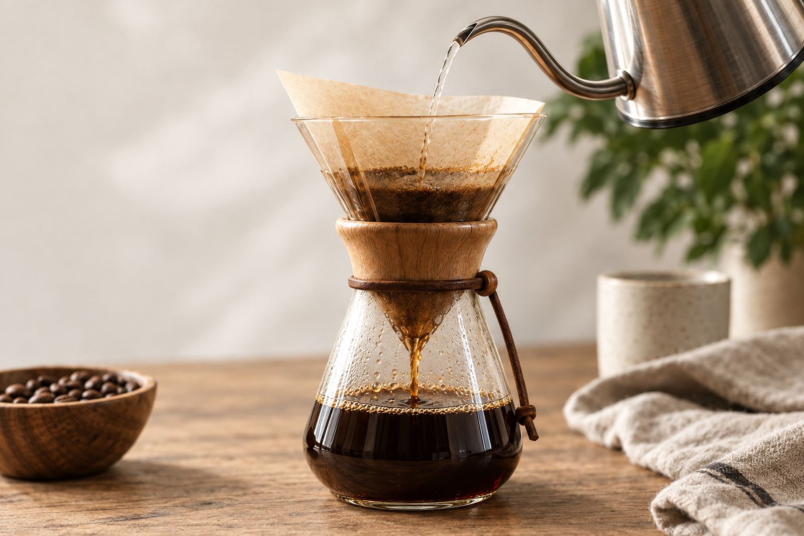 A gooseneck kettle pouring hot water through a paper filter into a glass pour over carafe, with a bowl of coffee beans and a plant on a wooden table