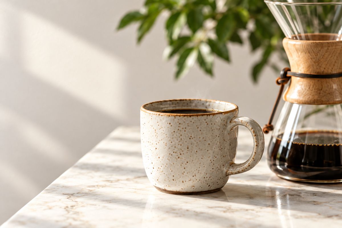 A speckled ceramic mug of black coffee on a marble counter beside a glass pour over carafe, with leaves above