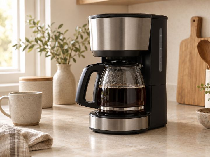 An electric drip coffee maker with a glass carafe of brewed coffee