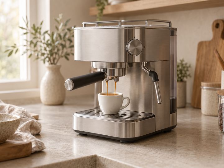 A compact stainless steel home espresso machine with a cup of espresso