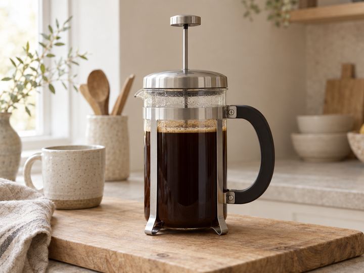 A glass and steel French press full of brewed coffee