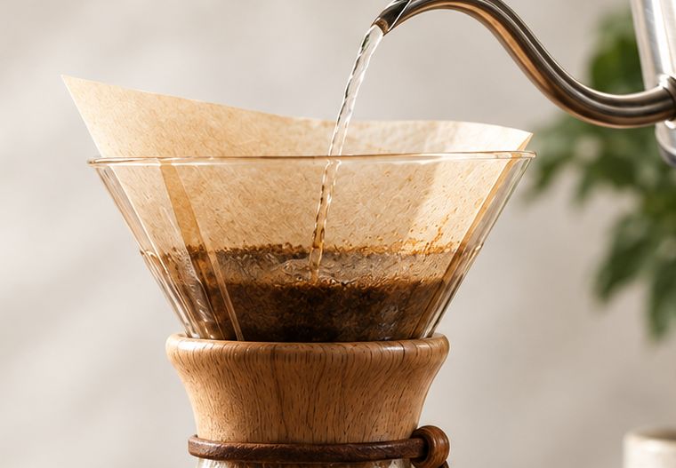 Hot water from a gooseneck kettle poured through a paper filter of coffee grounds