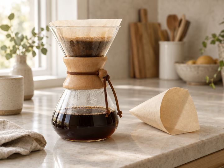 A glass pour over brewer with a wooden collar holding brewed coffee