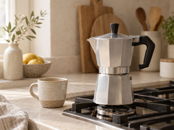 An aluminium stovetop moka pot beside a small ceramic cup